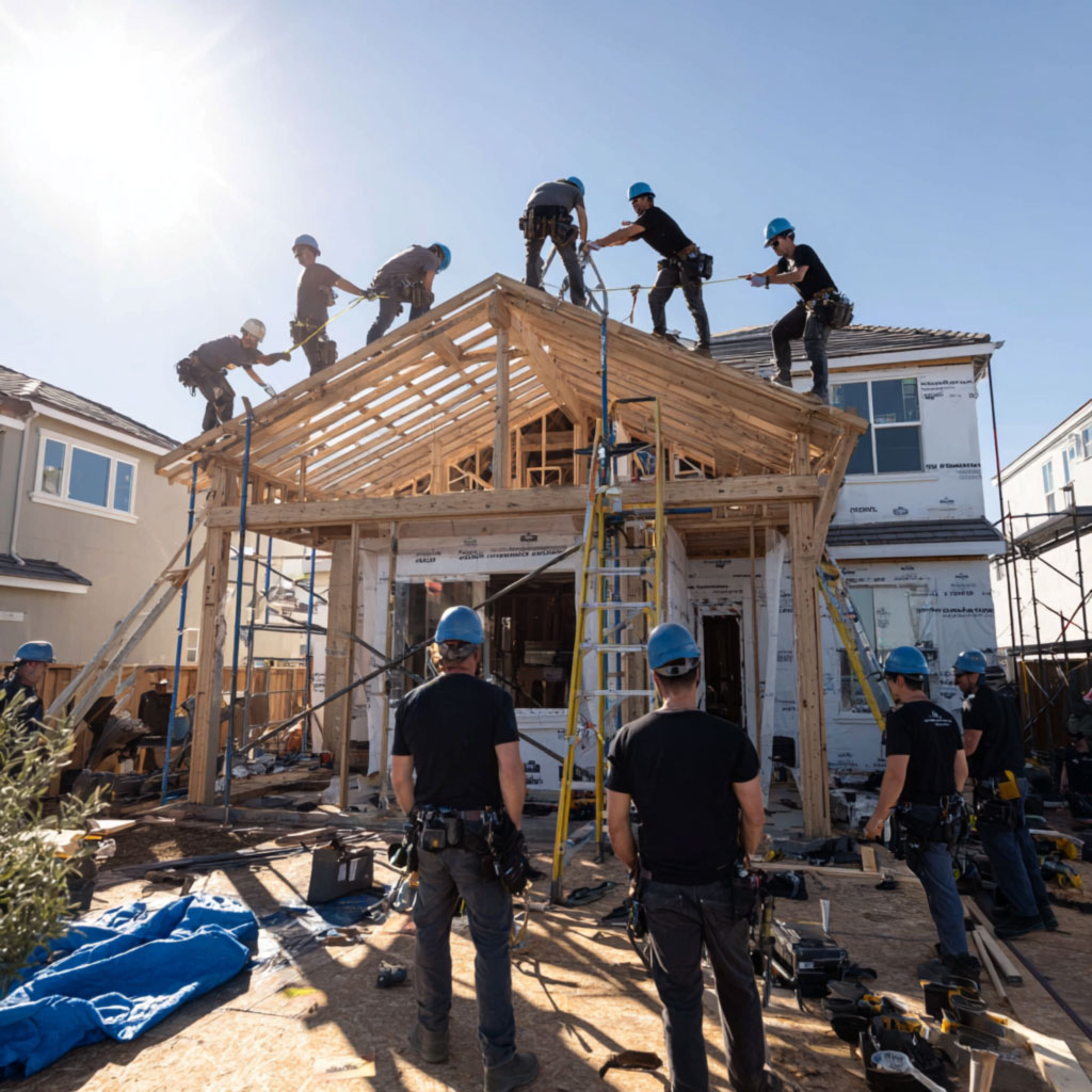 I Got A Guy crew wearing safety helmets, gloves, and black t-shirts constructing exterior walls of a two-story house, securing panels and beams, tools and materials on blue tarps visible