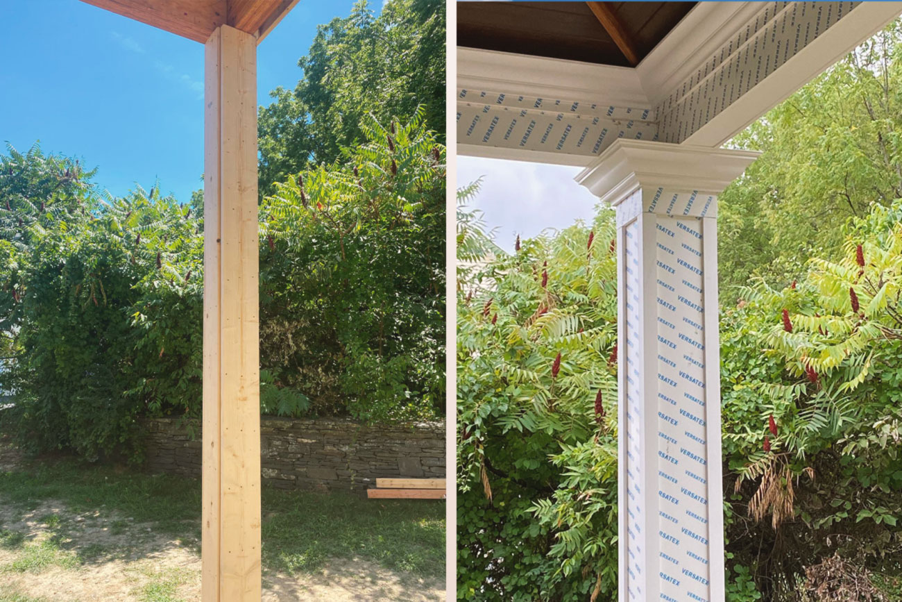 Elegant Outdoor Patio Addition wooden beams framing start and finish