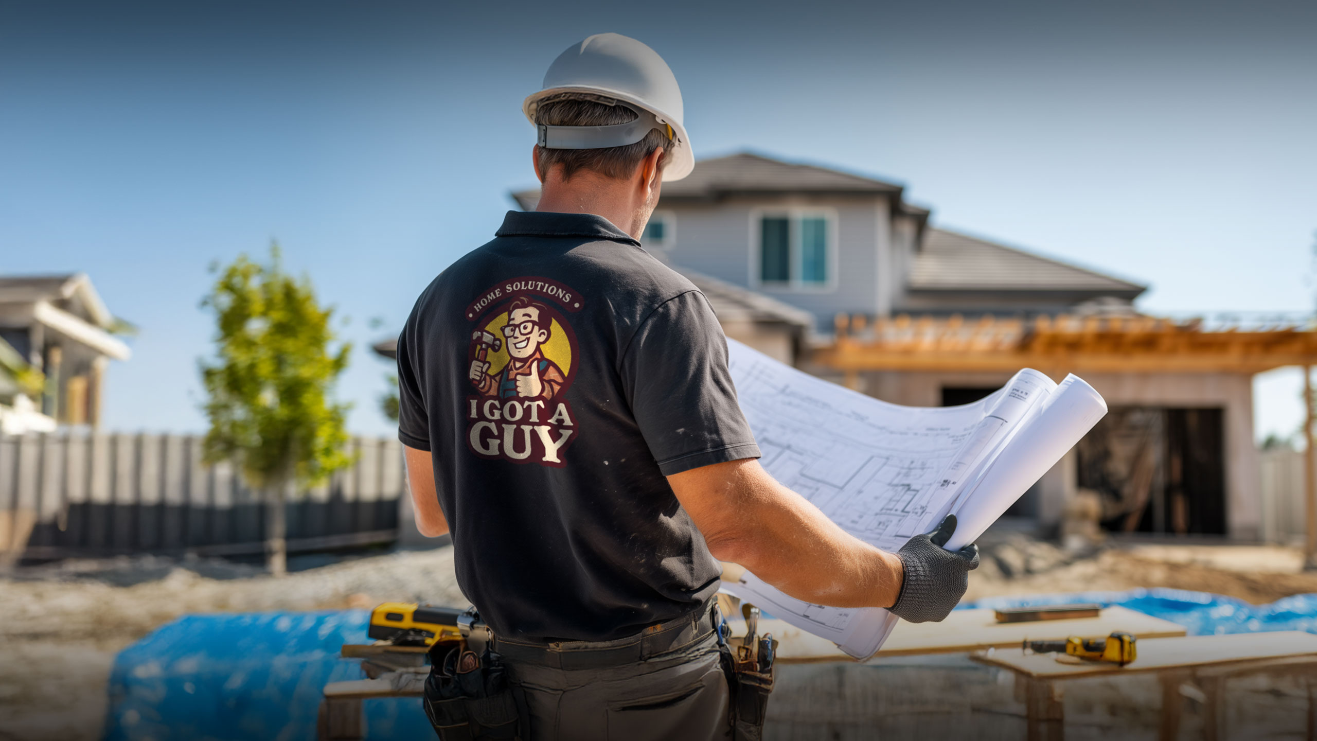 I Got A Guy handyman in safety helmet, gloves, and work pants, standing in front of a partially built residential project, holding a blueprint while inspecting the house. The image is taken from behind the worker, with tools and materials organized on a blue tarp