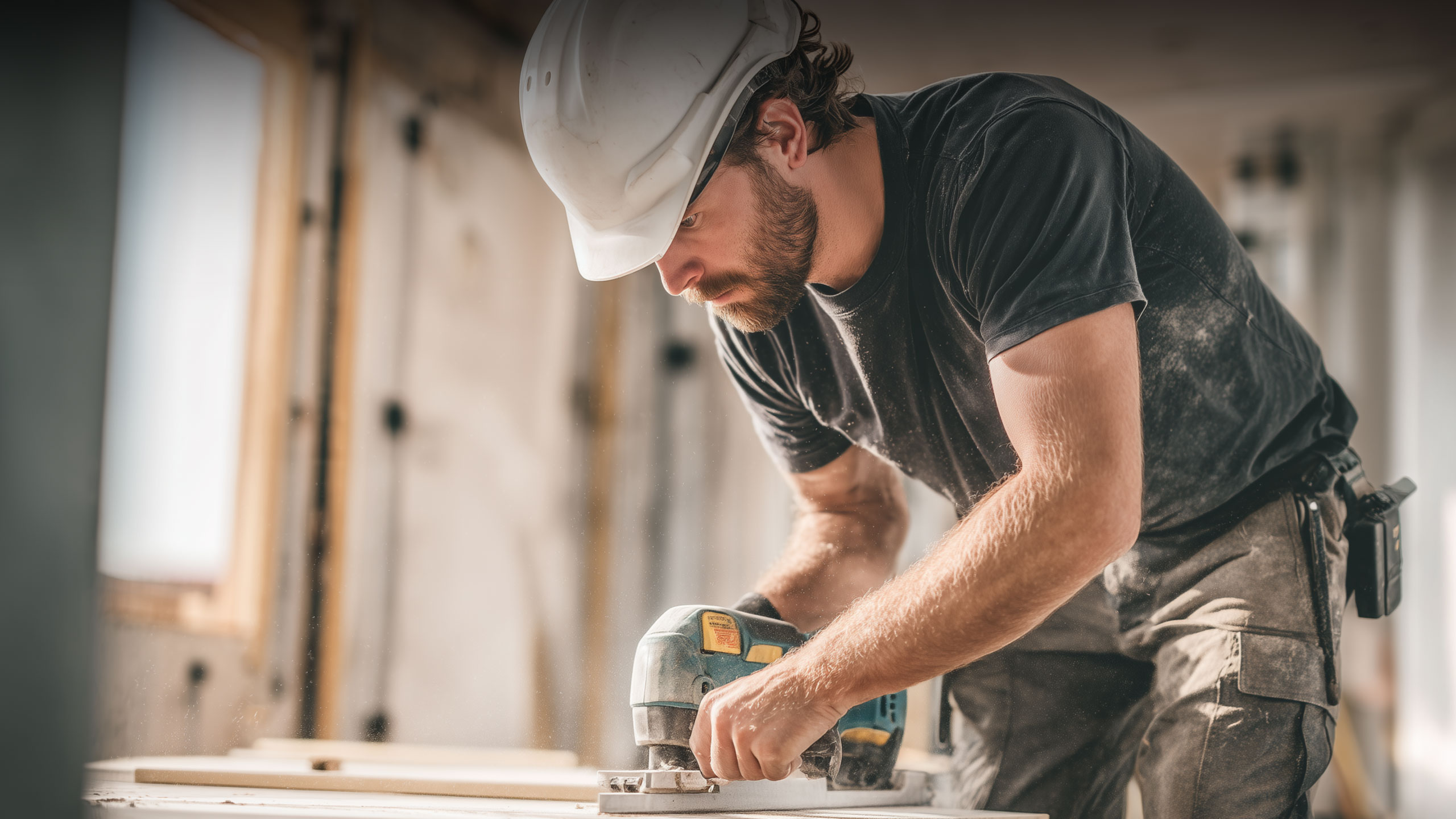 A handyman using power tools to build a frame for a home addition, focused on precision and craftsmanship