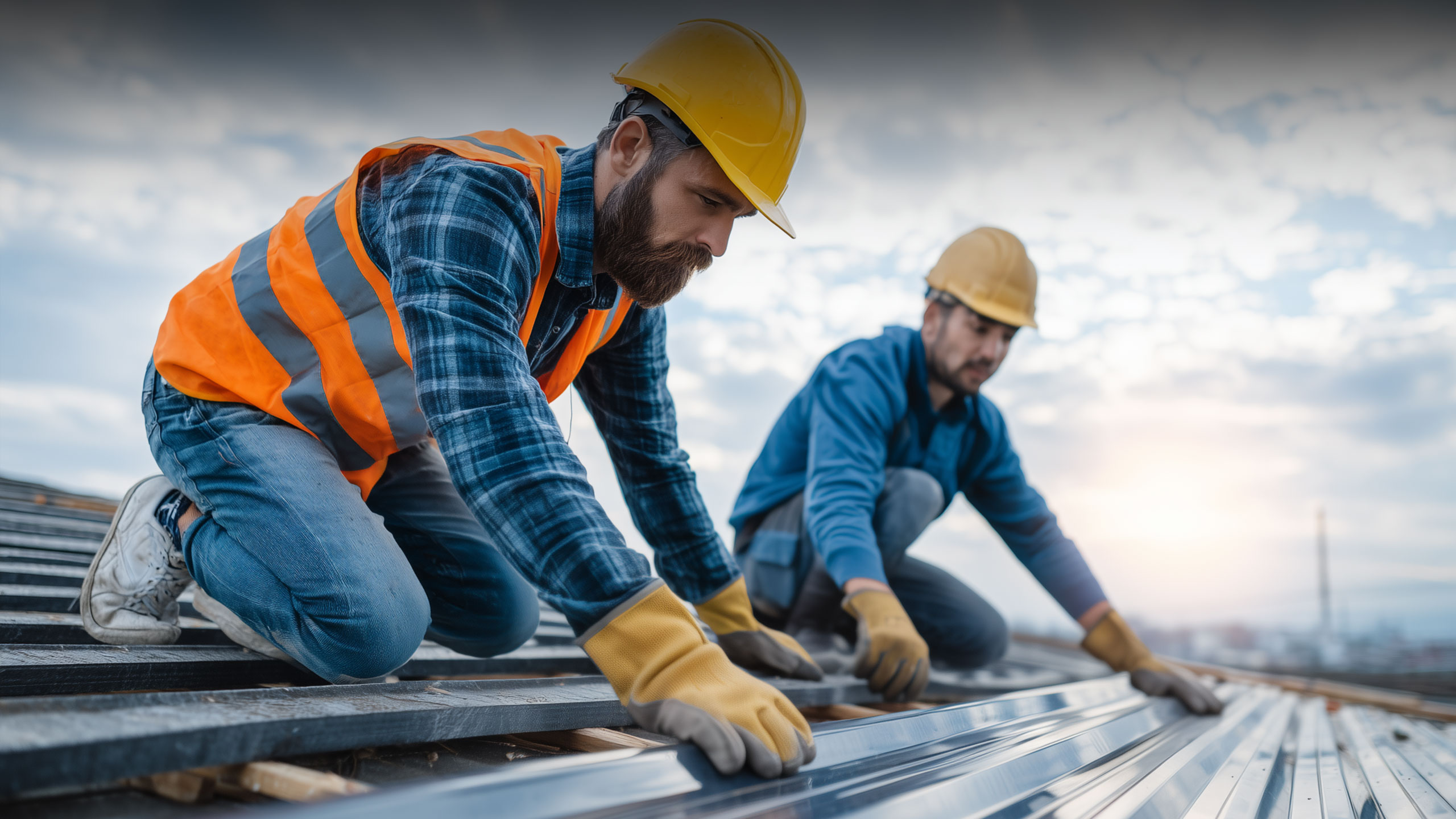 Two 'I Got A Guy' workers repairing a roof, wearing safety hats and focused on their task.