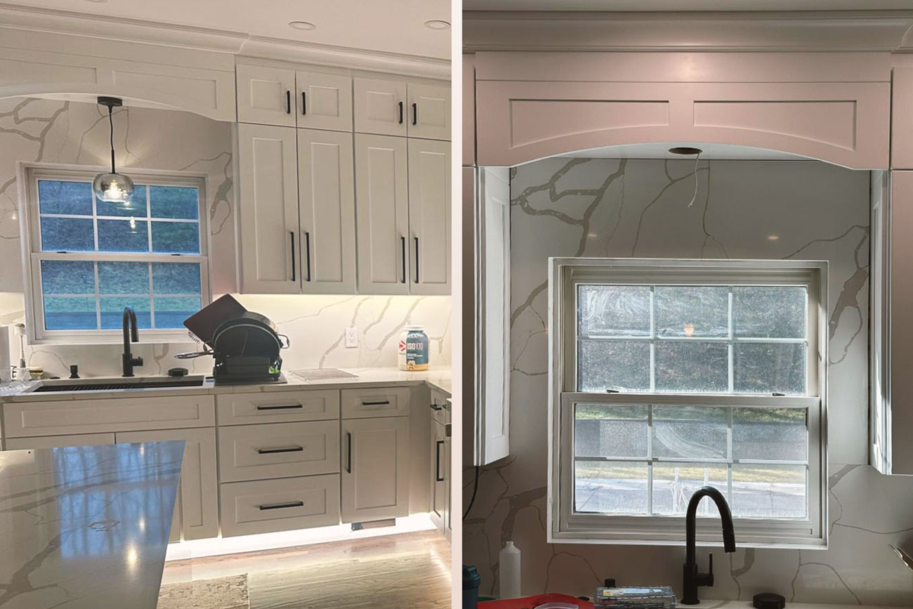 itchen with range hood installation in progress, visible countertop and marble backsplash