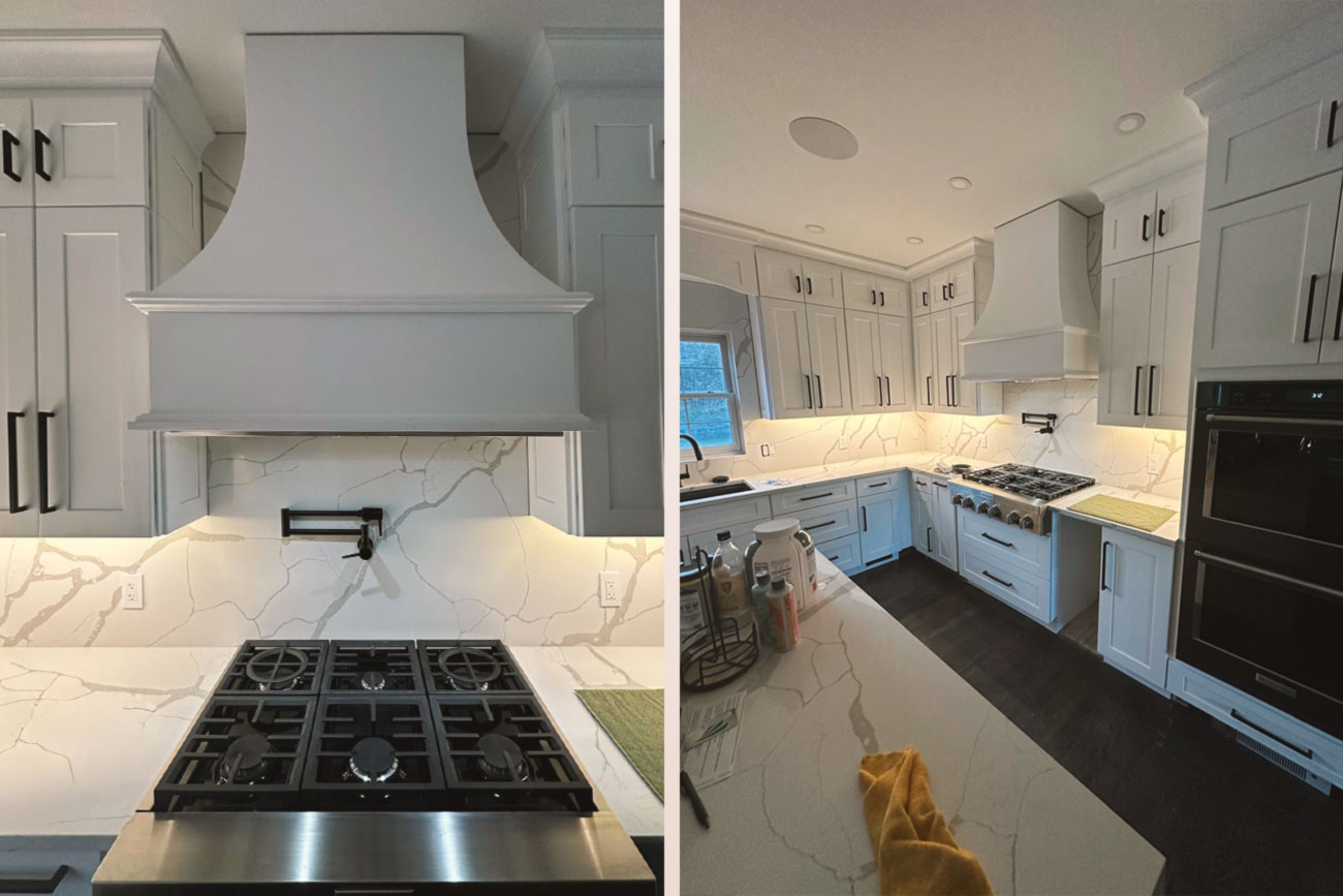 kitchen with a gas cooktop, dual ovens, and white cabinetry featuring a marble backsplash.