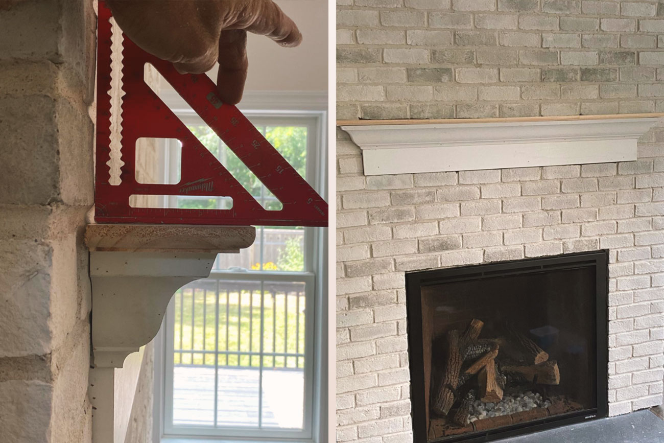 ireplace mantel installation in progress with wooden shelf placed on white brick wall