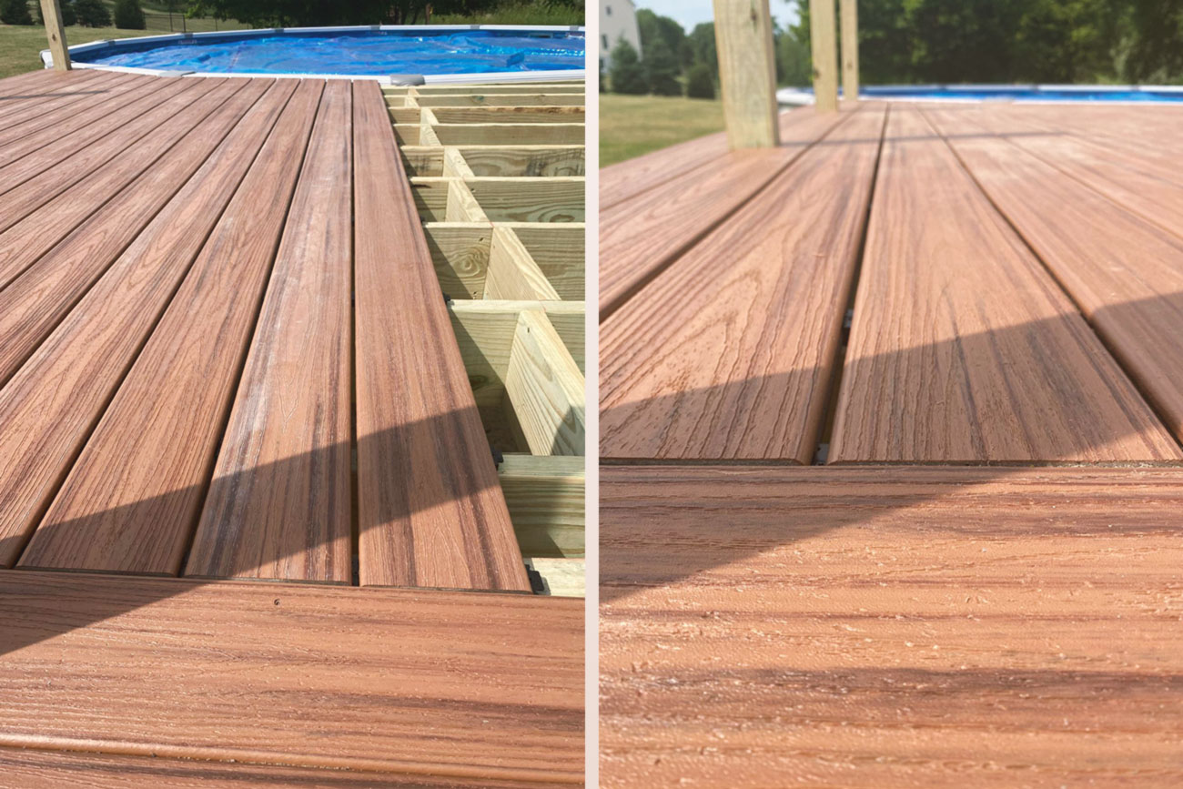 pool deck with composite wood and white railing.
