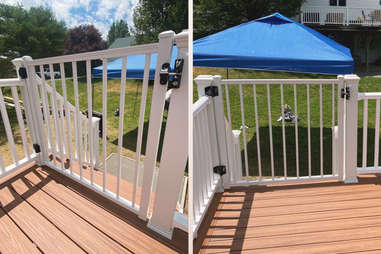 Small gate at the top of the stairs leading to the pool deck with white railing.