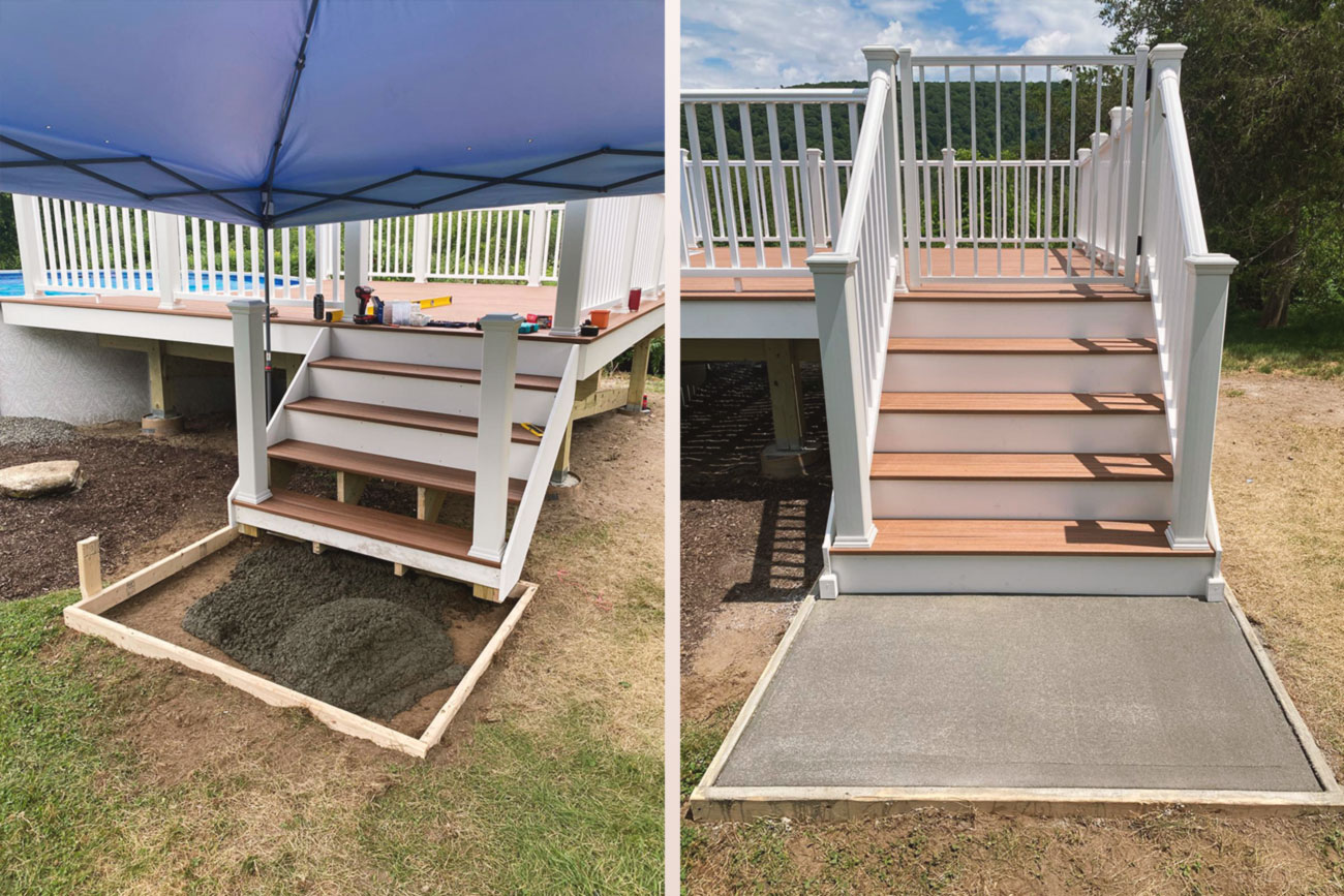 staircase leading to the pool deck with white railing and wooden steps