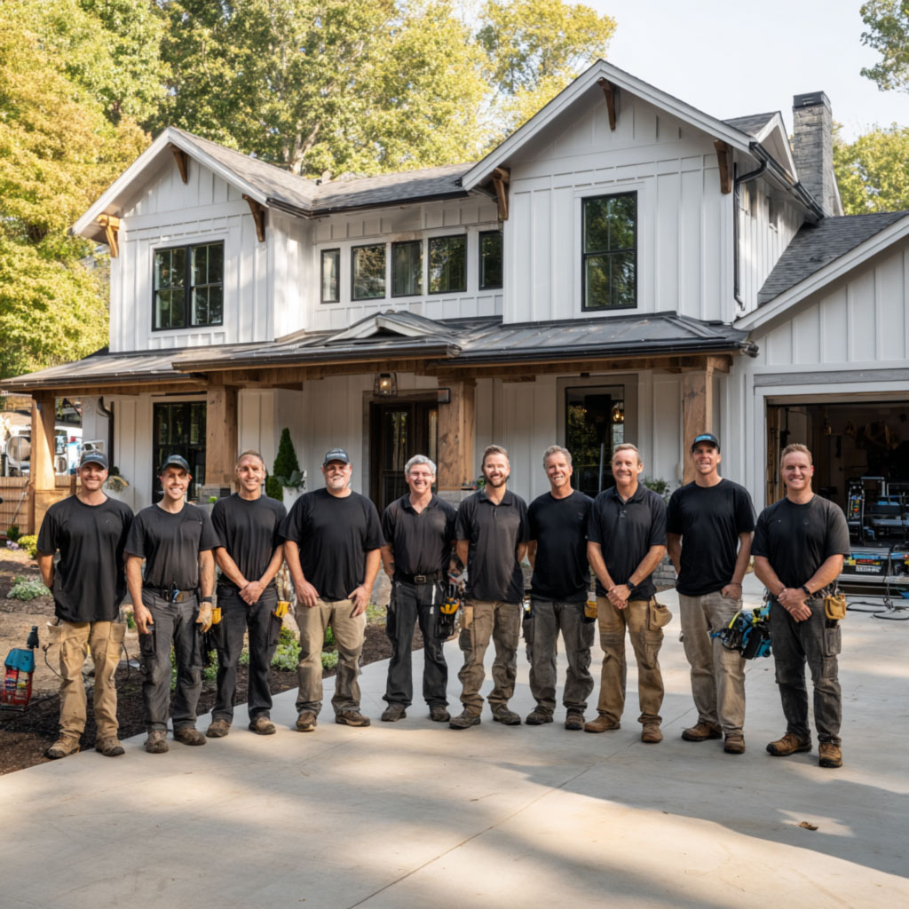 "Completed two-story house with I Got A Guy handymen in black collared t-shirts, gloves, and casual work pants standing in front, smiling, showing freshly installed windows, painted walls, landscaped yard, and paved driveway