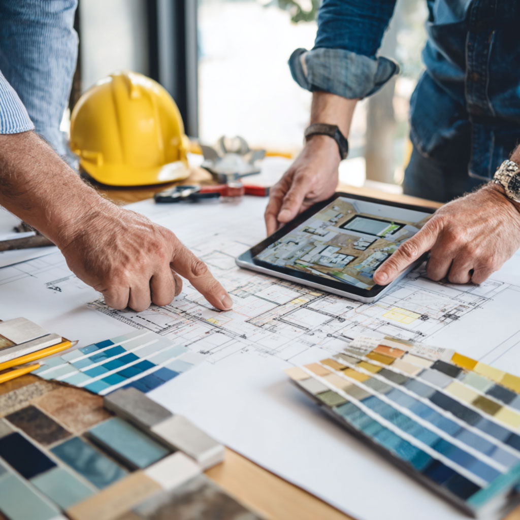 consulting with a homeowner over blueprints on a table. One worker holds a tablet with a digital floor plan, another takes notes, and the room is illuminated with daylight showing focus and collaboration